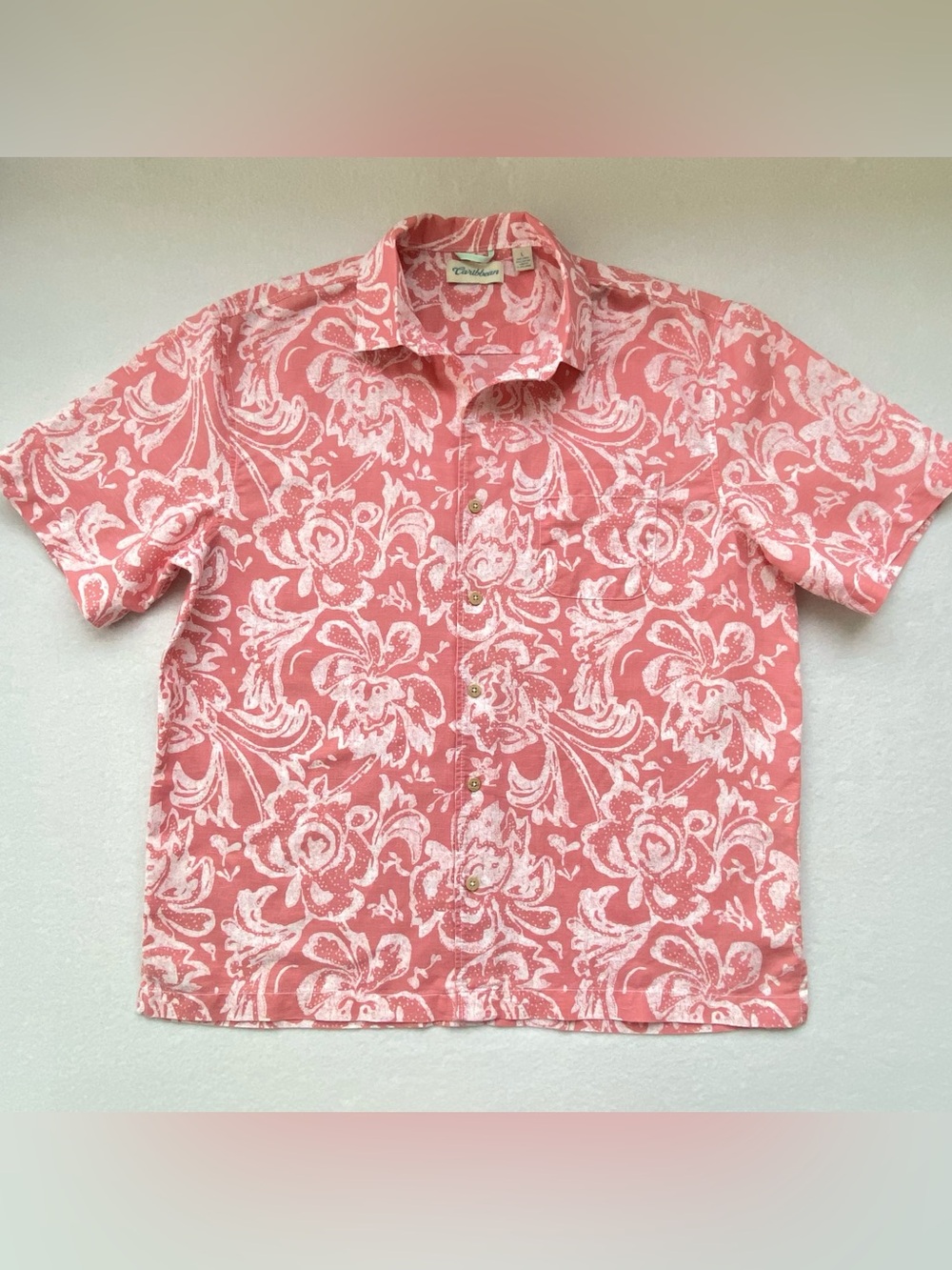 Men's Short Sleeve Button-Up Shirt Linen/Cotton Pink/White Floral Caribbean Sz L